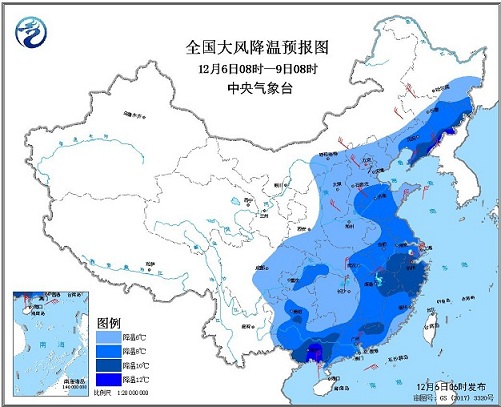 全國大風(fēng)降溫預報圖（12月6日08時(shí)-9日08時(shí)）